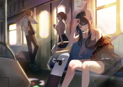  1boy 2girls absurdres bare_shoulders commentary_request hair_bun highres jacket korean_commentary long_hair looking_at_viewer multiple_girls original pencil_skirt shirt skateboard skirt sunlight the_silence_of_the_lambs train violet_eyes zeten0921 