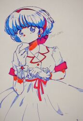  1girl blue_eyes blue_hair closed_mouth commentary dot_mouth dress earrings en_0410 gloves hairband highres jewelry looking_at_viewer photo_(medium) ranma_1/2 red_hairband short_hair solo sphere_earrings tendou_akane traditional_media white_dress white_gloves 