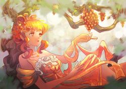  1girl absurdres bare_shoulders collarbone commentary day dress english_commentary eyelashes feet_out_of_frame figii flower food fruit gold_necklace grapes hair_flower hair_ornament highres in_tree jewelry medium_dress necklace nikki_(series) off-shoulder_dress off_shoulder on_branch open_mouth orange_dress orange_eyes orange_hair orange_shawl outdoors reaching red_flower shawl shining_nikki short_hair sidelocks sitting solo spring's_garland_(shining_nikki) tree wavy_hair 