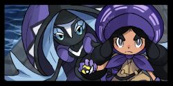  1girl artist_name artsy-theo black_border black_hair bonnet border bright_pupils closed_mouth commentary english_commentary eyelashes gloves hapu_(pokemon) holding holding_poke_ball long_hair poke_ball pokemon pokemon_(creature) pokemon_sm purple_bonnet purple_gloves short_sleeves split_mouth tapu_fini thick_eyebrows twintails ultra_ball v-shaped_eyebrows violet_eyes water white_pupils 