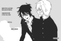  2boys :d alternate_costume andrew_kreiss bandaid bandaid_on_face blush commentary_request eye_contact fang fid_brr gakuran greyscale identity_v korean_commentary looking_at_another luca_balsa male_focus monochrome multiple_boys partially_unbuttoned ponytail school_uniform short_ponytail smile striped_blush translation_request upper_body 
