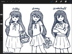  1girl alternate_form anastasiusgamer apple arm_behind_back art_program_in_frame artist_name basket black_hair black_outline blush closed_mouth commentary cowboy_shot crossed_arms english_commentary english_text food fruit fruit_basket grapes hand_in_own_hair holding holding_basket limited_palette long_hair looking_at_viewer mari_(omori) multiple_views muscular muscular_female omori open_mouth outline pleated_skirt plump short_sleeves sketch skirt standing 