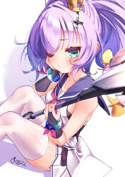  1girl ;( absurdres azur_lane bare_shoulders between_legs black_gloves blue_hair blush breasts commentary_request cross_hair_ornament crown dress from_above from_side gloves hair_between_eyes hair_ornament hand_on_own_cheek hand_on_own_face hands_up highres holding holding_weapon javelin_(azur_lane) javelin_(retrofit)_(azur_lane) javelin_(spear) knees_up long_hair looking_at_viewer looking_up marimo_daifuku mini_crown one_eye_closed ponytail pout purple_hair short_dress sitting sleeveless sleeveless_dress small_breasts solo thigh-highs thighs weapon 