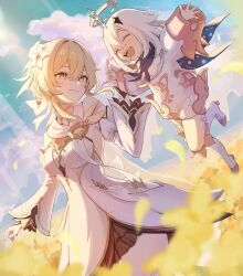  2girls absurdres bare_shoulders blonde_hair blue_scarf blue_sky boots braid breasts closed_eyes closed_mouth clouds cloudy_sky constellation_print cowboy_shot day detached_sleeves dress earrings field fingernails flower flower_field flying full_body genshin_impact gold_trim hair_between_eyes hair_flower hair_ornament halo hand_up hands_up happy highres holding_hands jewelry juliet_sleeves leg_up long_sleeves looking_at_another lumine_(as_heaven_and_earth_are_made_anew)_(genshin_impact) lumine_(genshin_impact) mechanical_halo medium_breasts multiple_girls naya_nya23 official_alternate_costume official_alternate_hairstyle open_mouth outdoors paimon_(genshin_impact) petals puffy_long_sleeves puffy_sleeves romper scarf short_hair sidelocks single_braid single_earring sky sleeveless sleeveless_dress smile standing sunlight teeth thigh_boots tongue white_boots white_dress white_flower white_hair white_romper white_sleeves wide_sleeves yellow_eyes yellow_flower 