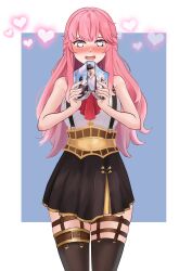 1girl absurdres aivy_lovencraft book esteban_(estebaneishon) fanart green_eyes heart heart-shaped_pupils indie_virtual_youtuber long_hair open_mouth pink_hair simple_background skirt solo spanish_commentary standing symbol-shaped_pupils virtual_youtuber vtuber vtuberfanart