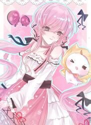  >_o 1girl absurdres ahoge animal argyle_background bare_shoulders belt black_belt black_bow black_ribbon blue_outline border bow bow_choker bowtie brown_eyes cat center_frills chinese_commentary choker cloak closed_mouth clothed_animal collarbone commentary_request cowboy_shot dot_nose ear_covers eyelashes frilled_shirt frilled_skirt frilled_sleeves frills hair_between_eyes hair_bow hair_ribbon highres hood hood_up hooded_cloak infinity_nikki layered_skirt light_blush lipstick long_hair long_sleeves looking_at_animal low_twintails makeup medium_skirt momo_(nikki) navel nikki_(nikki) nikki_(series) off-shoulder_shirt off_shoulder one_eye_closed outline outside_border perfect_start_(infinity_nikki) pillarboxed pink_background pink_bow pink_bowtie pink_choker pink_hair pink_lips pink_ribbon pink_skirt pleated_skirt print_skirt puffy_long_sleeves puffy_sleeves red_bow red_bowtie ribbon shirt single_stripe skirt smile snowflake_print standing striped_bow striped_bowtie striped_choker striped_clothes traditional_bowtie tress_ribbon twintails very_long_hair wavy_hair whiskers white_border white_cat white_shirt white_skirt yellow_cloak yitiao_hen_kepa_de_yu 