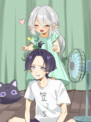  1boy 1girl alternate_hairstyle arms_at_sides asymmetrical_sidelocks bangs_pinned_back behind_another black_hair black_shorts blonde_hair blunt_ends blush closed_eyes colored_tips commentary_request curled_fingers curtains dress electric_fan eyelashes eyeliner facing_another genshin_impact gradient_hair green_dress green_hair green_sleeves hair_between_eyes hair_down hair_ornament hair_tie hands_up happy heart highres indoors large_forehead leaf leaf_hair_ornament long_hair looking_at_another makeup momonga_damon multicolored_hair nahida_(genshin_impact) notice_lines open_mouth parted_lips pillow pointy_ears red_eyeliner scaramouche_(cat)_(genshin_impact) scaramouche_(genshin_impact) shirt short_sleeves shorts sidelocks sitting standing topknot translation_request tsurime violet_eyes white_hair white_mouth white_shirt white_sleeves 