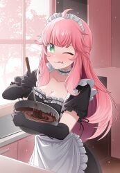 1girl absurdres aivy_lovencraft apron chocolate closed_mouth cooking fanart green_eyes highres indie_virtual_youtuber long_hair maid maid_apron monsiursandox one_eye_closed pink_hair smile solo standing valentine virtual_youtuber vtuber vtuberfanart