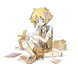  1boy :> antenna_hair basil_(faraway)_(omori) basil_(omori) blonde_hair blue_eyes blush brown_shoes brown_shorts cactus camera camera_around_neck closed_mouth collared_shirt commentary_request flower flower_pot green_sweater_vest grey_socks hair_flower hair_ornament highres male_focus omori photo_(object) plant potted_plant shirt shoes short_hair short_sleeves shorts sidelocks smile socks solo sweater_vest white_shirt zunda_e_damame 