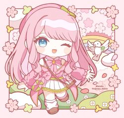  1girl ;d artist_name bare_shoulders bird blue_eyes blush_stickers border brown_shoes character_request chibi chibi_only collared_shirt commentary_request copyright_request dot_nose flower full_body hair_intakes hat highres jacket kneehighs long_hair long_sleeves looking_at_viewer loose_socks nada_namie off_shoulder one_eye_closed open_mouth outside_border pigeon pink_border pink_flower pink_hair pink_hat pink_jacket pleated_skirt rainbow shirt shoes skirt sleeveless sleeveless_shirt smile socks solo standing standing_on_one_leg twitter_username white_shirt white_skirt white_socks 