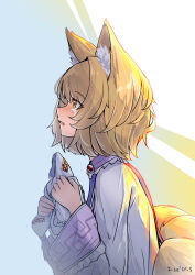  1girl absurdres animal_ear_fluff animal_ears artist_name blonde_hair blue_tabard commentary_request crying crying_with_eyes_open dress fox_ears from_side hat highres holding holding_unworn_clothes holding_unworn_hat kitsune kyuubi looking_up mild_pitch mob_cap multiple_tails short_hair solo tabard tail tears touhou unworn_hat unworn_headwear upper_body white_dress white_hat yakumo_ran yellow_eyes 