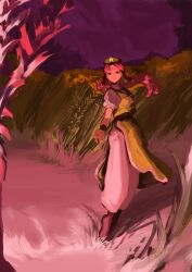  1girl absurdres arm_at_side baggy_pants braid closed_mouth commentary_request earrings floating_clothes floating_hair full_body green_hat green_vest hat hat_ornament highres hong_meiling hotoke_party jewelry light_smile long_hair looking_at_viewer looking_to_the_side outdoors pants pants_tucked_in parted_bangs plant puffy_short_sleeves puffy_sleeves purple_sky reaching reaching_towards_viewer red_theme shirt short_sleeves side_slit skirt sky solo standing star_(symbol) star_hat_ornament tiptoes touhou twin_braids vest wide_shot 