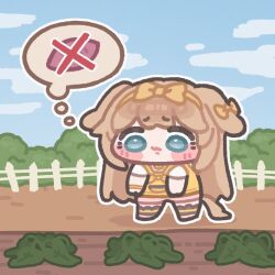  1girl animal_ears blue_eyes blue_sky butter_(trickcal) chibi chibi_only closed_mouth commentary_request dog_ears dog_girl dog_tail fence food full_body hairband halo korean_commentary long_hair monyami outdoors picket_fence shirt sky solo speech_bubble sweet_potato tail thought_bubble trickcal wooden_fence x_(symbol) yellow_hairband yellow_halo yellow_shirt 