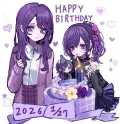 2026 2girls arm_at_side asahina_mafuyu asahina_mafuyu's_mother bare_shoulders black_bridal_gauntlets black_choker black_shirt black_sleeves breasts bridal_gauntlets buttons cake candle cardigan character_doll choker closed_mouth collared_shirt commentary_request cookie cropped_torso dated detached_sleeves doll eating empty_eyes english_text finger_in_own_mouth flower food food_on_face frilled_choker frilled_sleeves frills hair_flower hair_ornament hand_up hands_up happy_birthday heart heart-shaped_cookie heart-shaped_food heart_background high_ponytail holding holding_cookie holding_food jishou_210 long_sleeves mother_and_daughter multiple_girls open_cardigan open_clothes pale_skin pink_flower plaid_clothes plaid_skirt ponytail project_sekai puffy_long_sleeves puffy_sleeves purple_cardigan purple_flower purple_skirt ringed_eyes shirt short_sleeves simple_background skirt sleeveless sleeveless_shirt sleeves_past_wrists small_breasts smile swept_bangs violet_eyes wavy_hair white_background white_shirt 
