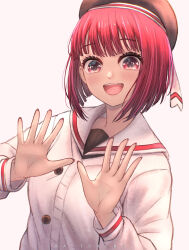  1girl absurdres arima_kana artist_name black_hat blush commentary hat highres lips long_sleeves open_mouth oshi_no_ko pink_lips ra_torens red_eyes red_hair short_hair simple_background solo teeth upper_teeth_only white_background 