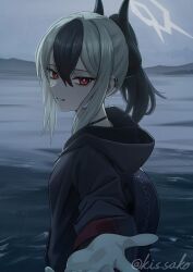  1girl absurdres backpack bag black_bag black_choker black_hair black_hoodie blue_archive choker commentary_request demon_girl demon_horns ear_piercing grey_hair grey_halo hair_between_eyes halo highres hood hoodie horns kayoko_(blue_archive) kis_sako long_hair looking_at_viewer multicolored_hair ocean parted_lips piercing ponytail reaching reaching_towards_viewer red_eyes smile solo two-tone_hair 