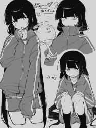  1girl blunt_bangs blush commentary grey_background greyscale highres jacket long_hair looking_at_viewer monochrome multiple_persona multiple_views open_mouth original popo_(amslkkririr) short_hair simple_background squatting star_(symbol) untranslatable_commentary 