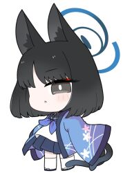  1girl :< animal_ear_fluff animal_ears black_hair black_sandals blue_archive blue_neckerchief blue_sailor_collar blue_skirt blush cat_ears cat_girl cat_tail closed_mouth full_body grey_eyes halo kikyou_(blue_archive) long_sleeves looking_at_viewer miranofuudoria multiple_tails neckerchief open_clothes pleated_skirt sailor_collar sandals school_uniform serafuku short_hair simple_background skirt sleeves_past_fingers sleeves_past_wrists solo standing tail thigh-highs two_tails white_background white_thighhighs wide_sleeves zouri 
