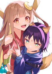  2girls absurdres animal_ears black_choker blonde_hair blue_hoodie blue_kimono blush brown_eyes cho_kaguya-hime! choker clothing_cutout colored_inner_hair commentary_request crescent crescent_hair_ornament egasumi forehead_jewel fox_ears fox_girl fox_shadow_puppet fox_shadow_puppet_kiss fox_tail green_eyes hair_ornament highres hood hood_down hoodie japanese_clothes kaguya_(cho_kaguya-hime!) kimono long_hair looking_at_viewer multicolored_hair multiple_girls open_mouth partial_commentary purple_hair rabbit_ears rabbit_girl red_kimono sakayori_iroha shoulder_cutout sidelocks simple_background tail teeth upper_teeth_only white_background yukitoki1218 