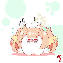  1other :d =_= blue_archive blush brown_hair closed_eyes colored_shadow commentary_request disembodied_hand glasses grey-framed_eyewear hair_intakes hair_ornament hairclip halo hands_up headpat highres kurukurumagical long_sleeves motion_lines semi-rimless_eyewear sensei_(blue_archive) shadow shimiko_(blue_archive) smile solo_focus standing translation_request twintails under-rim_eyewear white_background 