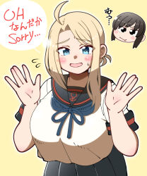 2girls anchor_symbol asymmetrical_hair black_sailor_collar black_skirt blonde_hair blue_eyes blue_neckerchief commentary_request cosplay creator_connection flying_sweatdrops fubuki_(kancolle) fubuki_(kancolle)_(cosplay) fubuki_kai_ni_(kancolle) fubuki_kai_ni_(kancolle)_(cosplay) head_only highres kantai_collection long_hair multiple_girls neckerchief pleated_skirt pout sailor_collar sailor_shirt shin_(shin_k009) shirt skirt translation_request wasp_(kancolle) white_shirt yellow_background 