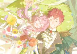  1girl alternate_universe aqua_shawl blue_flower blush bow breasts commentary_request couple day dress emiya_shirou fate/stay_night fate_(series) feather_collar flower gaoyue_jixiang garden grass groom hair_bow hair_flower hair_ornament highres holding holding_flower long_hair momomiya_shizuku_(gaoyue_jixiang) oc_x_canon open_mouth orange_hair original outdoors pastels pink_eyes pink_flower pink_hair prince princess purple_flower red_flower red_hair red_rose rose scenery shawl sleeveless sleeveless_dress smile sunflower twintails white_dress white_flower yellow_flower 