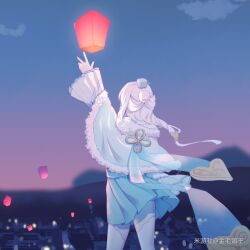  1girl artist_request back chinese_clothes clouds cloudy_sky hair_ornament highres honkai_(series) honkai_impact_3rd lantern outdoors outstretched_arm second-party_source sky solo sunset theresa_apocalypse thigh-highs white_hair white_thighhighs zhuge_kongming_(honkai_impact) 