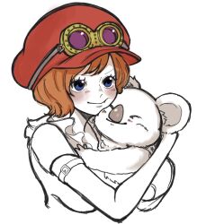  1girl ^_^ animal blue_eyes blush brown_hair closed_eyes commentary goggles goggles_on_headwear hat highres hnbn_oooo holding holding_animal koala koala_(one_piece) one_piece red_hat short_hair simple_background smile solo 