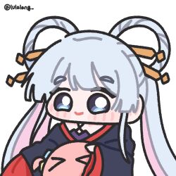 >_< 1girl blue_eyes blue_hair blue_kimono bocchi_the_rock! chibi chibi_only cho_kaguya-hime! closed_mouth commentary crossover full_body gotoh_hitori gotoh_hitori_(octopus) hair_ornament hair_rings hair_stick highres japanese_clothes kimono long_hair lulalang petting runami_yachiyo simple_background smile solo_focus twitter_username white_background 