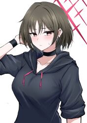  1girl absurdres alternate_breast_size_(larger) arm_behind_head black_hoodie blackpoteworx blue_archive blush breasts brown_hair choker collarbone commentary_request ear_piercing earrings hair_intakes halo highres hood hoodie jewelry large_breasts looking_at_viewer misaki_(blue_archive) piercing red_eyes red_halo short_hair sleeves_rolled_up solo sweatdrop wristband 