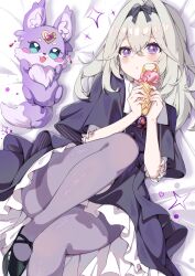  1girl absurdres ahoge antenna_hair black_dress black_pantyhose black_ribbon black_skirt blush brown_hair closed_mouth collar commentary_request dress food hair_ribbon highres holding holding_ice_cream_cone ice_cream ice_cream_cone jewelry looking_at_viewer lying mashu-tan medium_hair meitantei_precure! moria_luluka necklace ntmy4332 on_back pantyhose precure ribbon skirt smile violet_eyes white_collar 