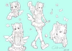  1girl ? absurdres animal_ears aqua_background bell blush closed_mouth commentary_request cropped_torso dated dress earrings fake_animal_ears frilled_dress frills full_body greyscale hand_on_own_hip heart heart_earrings highres holding holding_megaphone jewelry kumu_feng_chun looking_at_viewer megaphone monochrome multiple_views neck_bell open_mouth parted_lips shoes sidelocks signature simple_background sleeveless sleeveless_dress spot_color sunna_(afternoon_tea_break)_(zenless_zone_zero) sunna_(zenless_zone_zero) thigh-highs upper_body zenless_zone_zero 