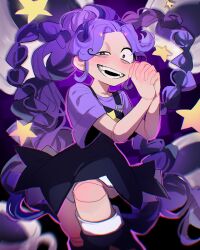  1girl black_overalls blush braid cowboy_shot doll_joints hands_up highres interlocked_fingers joints leg_up lily_lovebraids long_hair looking_at_viewer mea_mewni multicolored_hair multiple_braids overall_skirt overalls own_hands_together poppy_playtime purple_hair purple_shirt shirt smile solo star_(symbol) teeth two-tone_hair very_long_hair violet_eyes 