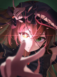  1girl absurdres arm_up black_dress black_ribbon blurry blurry_foreground brown_hair commentary crossed_bangs depth_of_field dress eyepatch frills glowing glowing_eye green_eyes hair_between_eyes hair_ornament hair_ribbon heterochromia highres idol korean_commentary lolita_fashion long_hair long_sleeves looking_at_viewer mismatched_pupils official_alternate_costume parted_lips reaching reaching_towards_viewer red_eyes ribbon solo star-shaped_pupils star_(symbol) su2ro symbol-shaped_pupils upper_body viichan virtual_youtuber waktaverse 