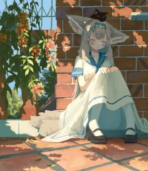  1girl animal_ears arknights black_shoes blonde_hair blue_hairband blue_sailor_collar blush brick_wall chinese_commentary closed_eyes closed_mouth commentary_request diaopi_huasheng dress fox_ears fox_girl fox_tail frilled_hairband frills hair_ornament hairband hands_on_own_knees highres kitsune kyuubi long_hair luo_xiaohei luo_xiaohei_(cat) multiple_tails on_ground outdoors pantyhose revision sailor_collar sailor_dress shoes short_sleeves sitting suzuran_(arknights) tail the_legend_of_luo_xiaohei white_dress white_pantyhose x_hair_ornament 