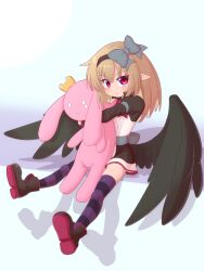  1girl absurdres black_boots black_dress black_hairband black_ribbon black_wings blonde_hair boots child dark_feather_alma dress emil_chronicle_online hairband highres holding holding_stuffed_toy open_mouth pointy_ears purple_thighhighs ribbon ribbon-trimmed_hairband rna0 sitting solo striped_clothes striped_thighhighs stuffed_animal stuffed_rabbit stuffed_toy thigh-highs white_background white_dress wings 