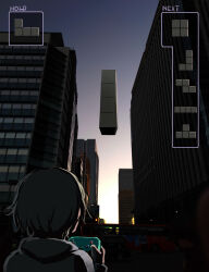  1other absurdres avogado6 backlighting building bus city commentary_request controller dawn facing_away from_behind game_controller grey_hair highres holding holding_controller holding_game_controller motor_vehicle original outdoors playing_games sky tetris tetromino 
