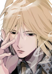  1boy between_fingers black_eyes blonde_hair cigarette closed_mouth commentary_request everyday_host highres holding holding_cigarette lips looking_at_viewer male_focus nyamunyamu_san okonomi_taro simple_background solo white_background 