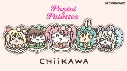  5girls :3 aratato666 bang_dream! bang_dream!_girls_band_party! blonde_hair blue_bow blue_dress blue_hair blush bow brown_hair chibi chibi_only chiikawa_(character) chiikawa_(character)_(cosplay) closed_mouth commentary cosplay dress english_commentary english_text green_bow green_dress group_name hair_ribbon highres hikawa_hina idol idol_clothes long_hair looking_at_viewer maruyama_aya momonga_(chiikawa) momonga_(chiikawa)_(cosplay) multiple_girls open_mouth pastel_palettes_(bang_dream!) pink_bow pink_dress pink_hair purple_bow purple_dress rabbit ribbon shirasagi_chisato short_hair simple_background skirt twintails usagi_(chiikawa) usagi_(chiikawa)_(cosplay) wakamiya_eve watermark white_hair white_ribbon yamato_maya yellow_background yellow_bow yellow_dress 