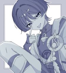  1boy :p akanbe bags_under_eyes blunt_ends bodysuit border bow cape choppy_bangs commentary_request covered_collarbone eyelid_pull feathers finger_to_eye gem genshin_impact grey_border greyscale hair_intakes hakama hakama_shorts hand_up highres index_finger_raised japanese_clothes juban kimono knee_up kuro774_n looking_at_viewer male_focus mandarin_collar monochrome open_clothes open_kimono pleated_shorts pom_pom_(clothes) scaramouche_(genshin_impact) shorts shoulder_peek side_cape solo tongue tongue_out tsurime upper_body vision_(genshin_impact) wanderer_(genshin_impact) white_background 