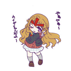  1girl black_jacket blush_stickers brown_hair brown_shoes cardigan commentary_request deformed grey_socks hands_clasped_in_delight jacket kneehighs konoe_kanata loafers long_hair looking_at_viewer love_live! love_live!_nijigasaki_high_school_idol_club miniskirt nijigasaki_school_uniform one_eye_closed orange_cardigan own_hands_together pleated_skirt school_uniform shinanoya_(satanicad) shoes simple_background skirt smile socks solo translation_request very_long_hair violet_eyes white_background white_skirt winter_uniform 