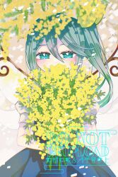  1girl blue_skirt blue_vest blush commentary daiyousei fairy fairy_wings flower green_eyes green_hair highres holding holding_flower katsuragi_atori long_hair looking_at_viewer mimosa_(flower) one_side_up puffy_short_sleeves puffy_sleeves shirt short_sleeves skirt solo touhou twitter_username vest watermark white_shirt wings yellow_flower 