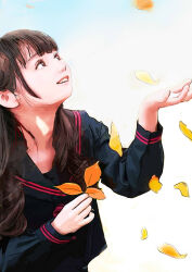  1girl absurdres amiwa autumn_leaves black_serafuku brown_eyes brown_hair commentary_request falling_leaves hand_up highres holding holding_leaf leaf long_hair long_sleeves looking_up original school_uniform serafuku solo upper_body 