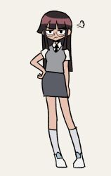  1girl :< arm_at_side black_hair black_necktie blunt_bangs blunt_ends blush breasts collared_shirt contrapposto dot_nose full_body glasses grey_sweater_vest hand_on_own_hip jitome kneehighs long_hair medium_breasts necktie oeresund original pencil_skirt puff_of_air school_uniform shirt shoes short_sleeves sidelocks simple_background skirt socks solo standing sweater_vest v-shaped_eyebrows white_background white_shirt white_shoes white_socks 