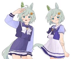  animal_ears arm_up blue_eyes blush bow bowtie closed_mouth colored_eyelashes ear_covers grey_hair grey_tail hair_ornament hashtag-only_commentary highres horse_ears horse_girl horse_tail horseshoe_ornament komori_kamome long_sleeves looking_up open_mouth pleated_skirt purple_bow purple_bowtie purple_sailor_collar purple_shirt purple_skirt sailor_collar sailor_shirt school_uniform seiun_sky_(umamusume) shirt short_hair simple_background single_ear_cover skirt smile tail teeth tracen_school_uniform umamusume upper_teeth_only white_background white_bow white_bowtie white_sailor_collar white_skirt 