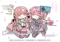  2girls ;3 bare_shoulders belt black_belt black_bow black_ribbon blush_stickers bow bowtie bra_strap capelet cellphone chibi choker circle_skirt closed_mouth collared_shirt colored_eyelashes commission copyright_notice dress frilled_dress frilled_shirt frilled_skirt frilled_sleeves frilled_socks frills hair_bow hair_ribbon hand_on_another's_shoulder happy highres holding holding_stick infinity_nikki layered_dress layered_skirt long_hair long_sidelocks long_skirt long_sleeves looking_at_another mary_janes medium_dress moucai_you_haiming multiple_girls neck_ribbon nikki_(nikki) nikki_(series) off-shoulder_shirt off_shoulder one_eye_closed open_mouth original own_hands_clasped own_hands_together perfect_start_(infinity_nikki) phone pink_capelet pink_choker pink_dress pink_eyes pink_hair pink_ribbon pink_shoes pink_skirt print_skirt puffy_long_sleeves puffy_sleeves purple_bow purple_bowtie purple_dress ribbon ribbon-trimmed_bow ribbon-trimmed_dress ribbon_trim sample_watermark see-through_clothes see-through_sleeves selfie_stick shadow shirt shirt_under_dress shoes sidelocks single_blush_sticker skirt smartphone smile snowflake_print socks stick taking_picture too_many_watermarks tress_ribbon very_long_hair waist_bow watermark wavy_hair white_background white_shirt white_skirt white_socks 