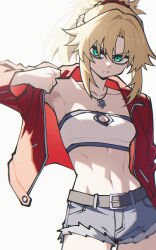  1girl absurdres aqua_eyes belt blonde_hair braid collarbone commentary cutoff_jeans cutoffs denim denim_shorts dryegen fate/grand_order fate_(series) highres jacket jewelry midriff mordred_(fate) necklace open_clothes open_jacket red_jacket shorts side_braid simple_background toned white_background 