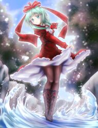  1girl boots bow brown_boots brown_pantyhose closed_mouth commentary_request dazonipsf dress frilled_bow frilled_ribbon frills full_body green_eyes green_hair hair_bow hair_ribbon kagiyama_hina lace-up_boots long_hair looking_at_viewer outdoors pantyhose red_bow red_dress red_ribbon ribbon skirt_hold smile solo touhou water water_drop 