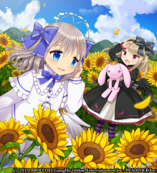  2016 2girls angel_feather_alma antenna_hair black_dress black_hairband black_ribbon black_thighhighs black_wings blonde_hair blue_eyes blue_ribbon blue_sky clouds commentary_request company_name copyright_notice dark_feather_alma day dress emil_chronicle_online flower frilled_dress frills grey_hair hair_ribbon hairband halo highres holding holding_stuffed_toy multiple_girls naomi_(fantasia) official_art open_mouth pointy_ears purple_thighhighs red_eyes ribbon ribbon-trimmed_hairband sky striped_clothes striped_thighhighs stuffed_toy sunflower thigh-highs white_dress white_wings wings 