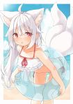  1girl :o ahoge animal_ear_fluff animal_ears ass_visible_through_thighs bangs bare_arms bare_shoulders bikini blush collarbone commentary_request day eyebrows_visible_through_hair feet_out_of_frame fox_ears fox_girl fox_tail hair_between_eyes highres innertube leaning_forward looking_at_viewer minato_yu_(0514) multiple_tails original parted_lips red_eyes short_eyebrows side-tie_bikini solo swimsuit tail thick_eyebrows thigh_gap transparent two_tails white_bikini white_hair 